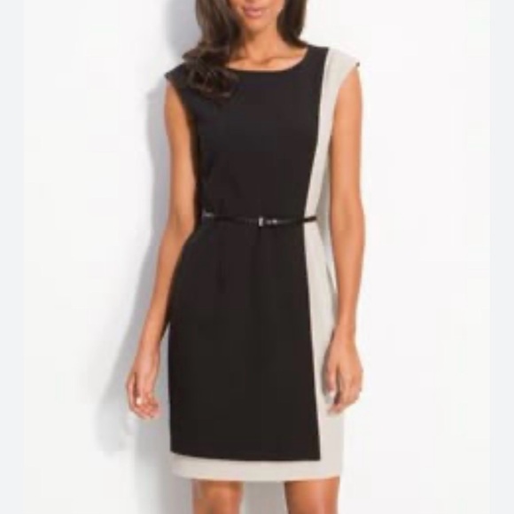 Calvin Klein Dresses & Skirts - Calvin Klein Black and Cream Colorblock Belted Sheath Dress